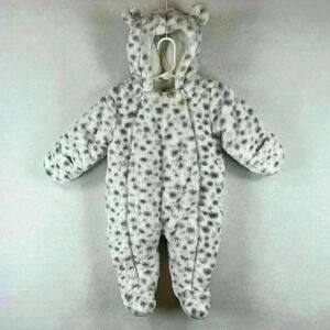 First Wish Baby Infant Snowsuit Sz 6-9 Months White and Tan Hand Covers 2 Zips